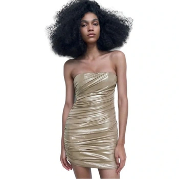 Sukienka damska Zara Strapless Draped Mini złota koktajlowa r. S