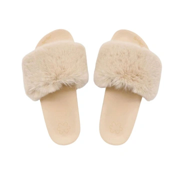 Klapki damskie Flip Flop Pool Furry futrzane beżowe
