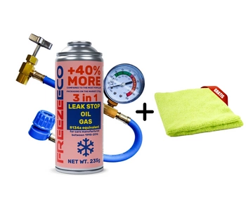 Zestaw FreezeEco 3 w 1 zamiennik R134a czynnik do klimatyzacji z olejem i uszczelniaczem + przewód + Mikrofibra