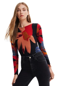 Body damski Desigual Grandflower prążkowe czarne w kwiaty z długim rekawem