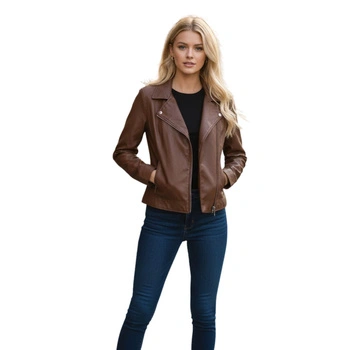 Kurtka damska skórzana Chyston Afida ramoneska brązowy skóra
