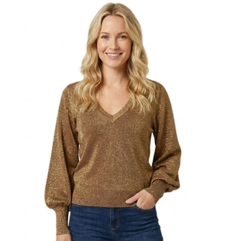 Sweter damski VilaViklano brązowy błyszczący z metaliczną nicią