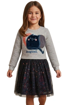 Sukienka dziewczęca Desigual Genevive motyw kota, tiulowy dół, efekt 2w1