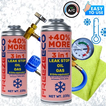Zestaw FreezeEco 2x 3 w 1 zamiennik R134a czynnik do klimatyzacji z olejem i uszczelniaczem + przewód + Mikrofibra