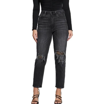 Spodnie damskie Guess Eco Crystal Rip Repair jeansowe mom fit z wysokim stanem