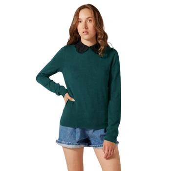 Sweter damski Naf Naf Fly szmaragdowy ze stójką falbanka