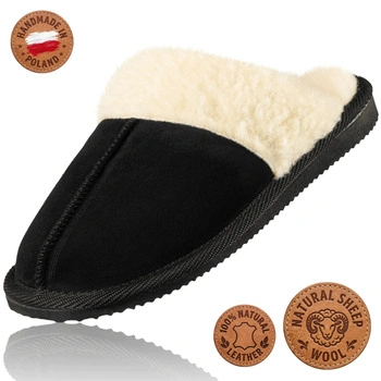 Kapcie damskie ze skóry naturalnej ciepłe wełna owcza ręcznie szyte 36