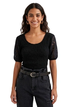 Body damski Desigual Alejandria eleganckie czarne gofrowane z koronką