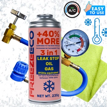 Zestaw FreezeEco 3 w 1 zamiennik R134a czynnik do klimatyzacji z olejem i uszczelniaczem + przewód + Mikrofibra