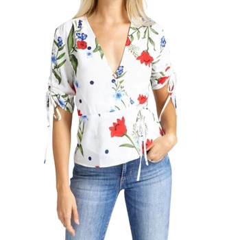 Bluzka damska Guess Blouse w kwiaty wiązana kopertowa biała