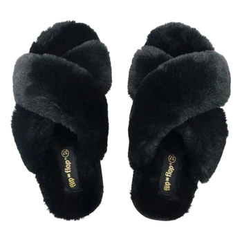 Kapcie damskie Flip Flop Cross futrzane czarne z krzyżowanymi paskami