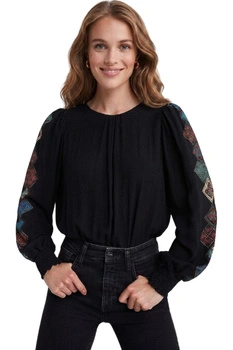 Body damski Desigual Candy czarne z długim rekawem z nadrukiem