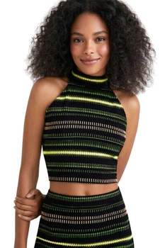 Bluzka damska Desigual Top czarny w neonowe pasy halter r. L