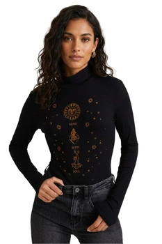 Body damski Desigual Mbs czarne z długim rekawem z nadrukiem