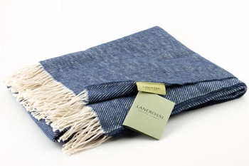 Koc z bawełny Lanerossi Paola niebieski pled z frędzlami 170 x 130 cm