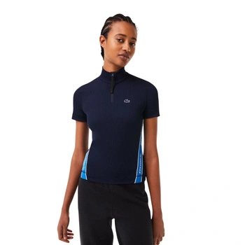Koszulka damska Lacoste Contrast Bands Zip Neck Polo kosuzlka dopasowana granatowa r. S