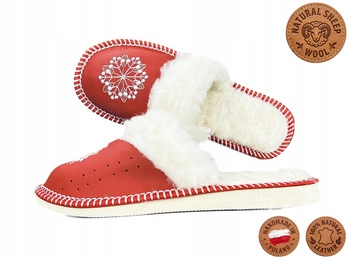 Kapcie damskie skórzane ocieplane wełną owczą świąteczne ręcznie szyte r. 36