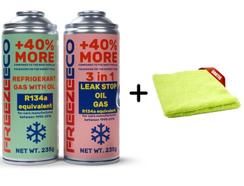 Zestaw FreezeEco zamiennik R134a + 3 w 1 czynnik do klimatyzacji z olejem i uszczelniaczem  + Mikrofibra
