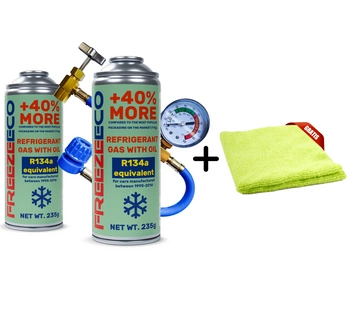 Zestaw FreezeEco 2x 2 w 1 zamiennik R134a czynnik do klimatyzacji z olejem + przewód + Mikrofibra