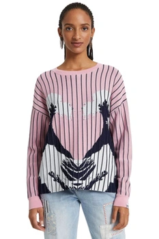 Sweter damski Desigual Chennai różowy w paski z nadrukiem