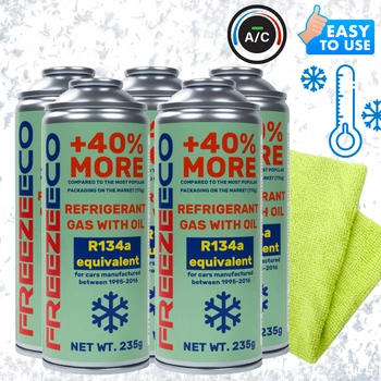 Zestaw FreezeEco 5x 2 w 1 zamiennik R134a czynnik do klimatyzacji z olejem i uszczelniaczem + Mikrofibra