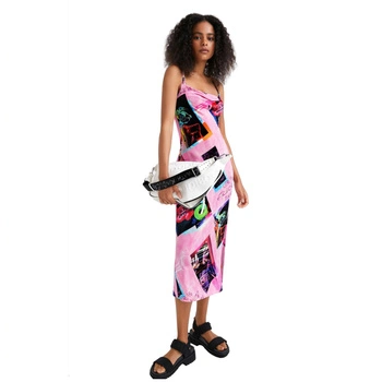 Sukienka damska Desigual Tropic różowa z nadrukiem na szelkach