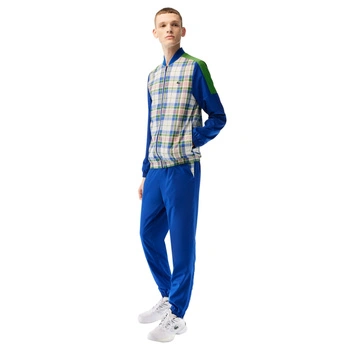 Kompletny męski dres Lacoste Sport spodnie + kurtka niebiesko-zielony w kratę r. XS
