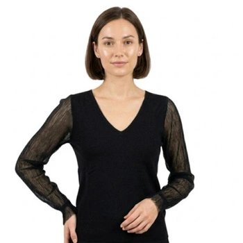 Sweter damska Naf Naf Mtulle czarny w serek z przezroczystymi rękawami r. S