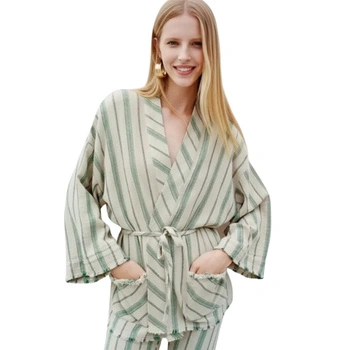 Narzutka damska Zara kimono beżowe w paski zielone