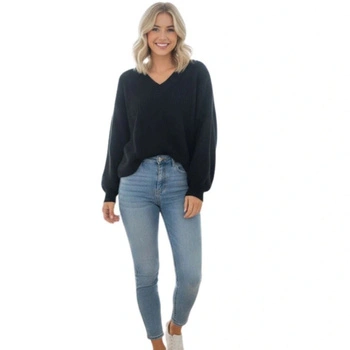 Sweter damski Rodier czarny z wełną Merino ciepły r. XL
