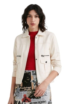 Kurtka damska Desigual Primavera z eko skóry kremowa