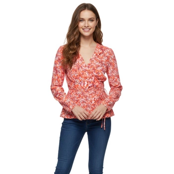 Bluzka damska Tommy Hilfiger Elonora Wrap w kwiaty wiązana pomarańczowa