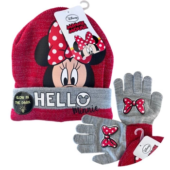 Komplet czapka rękawiczki Disney Myszka Minnie dla dziewczynki czerowno szary