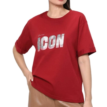 Koszulka damska Guess Iconic t-shirt luźny bordowy r. S