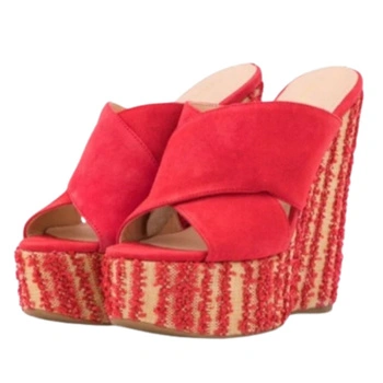 Buty damskie Guess Teisha klapki na koturnie czerwoneskórzane