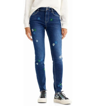 Spodnie damskie Desigual Bruselas jeansowe slim fit z haftem