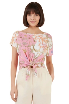 Koszulka damska Guess wzorzysta którka crop wiązana