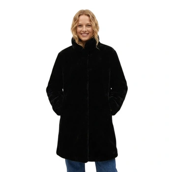 Płaszcz damska Mango czarny futrzany przed kolano