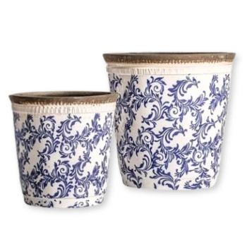 Zestaw ceramicznych donic Last Deco 2 sztuki biało-niebieskie