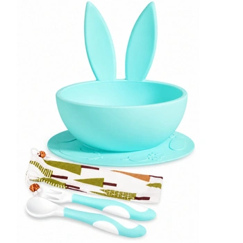 Silikonowy zestaw miska z łyżeczką i widelcem Brunoko Baby Weaning Tableware dziecięcy turkusowy