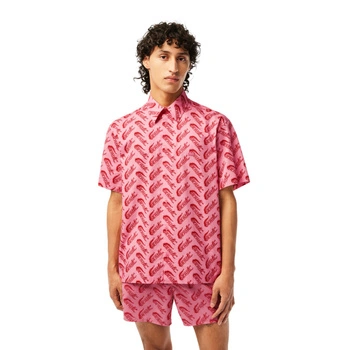 Koszula męska Lacoste Relaxed Fit z krótkim rękawem bawełniana wzorzysta różowa r. 44