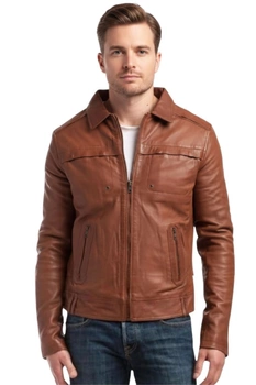 Kurtka męska skórzana Chyston Carol brązowa z kołnierzykiem