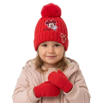 Komplet czapka rękawiczki Disney Minnie dla dziewczynki zimowy czerwony r. 50