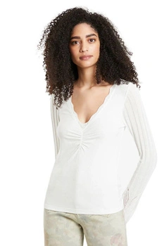 Bluzka damska Desigual Nadja prążkowa kremowa