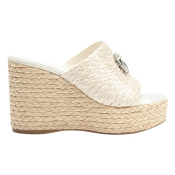 Klapki damskie Guess Elsia na koturnie modne ecru