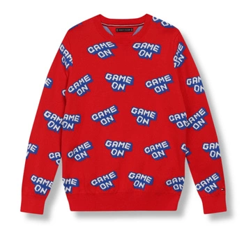Sweter dziecięcy Tommy Hilfiger Game On czerwony z napisami r. 98