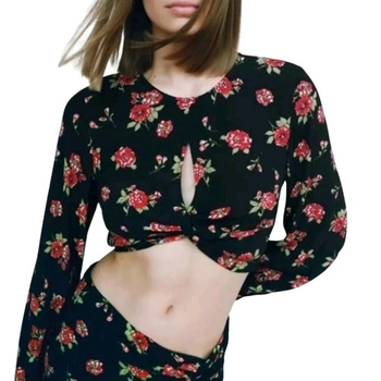 Bluzka damska Zara czarna krótka w kwiaty r. S