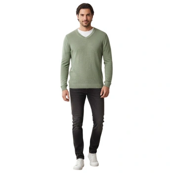 Sweter męski Tom Tailor lniany zielony w serek