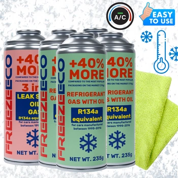 Zestaw FreezeEco zamiennik 4X R134a + 3 w 1 czynnik do klimatyzacji z olejem i uszczelniaczem + Mikrofibra