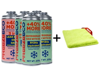 Zestaw FreezeEco zamiennik 4X R134a + 3 w 1 czynnik do klimatyzacji z olejem i uszczelniaczem + Mikrofibra